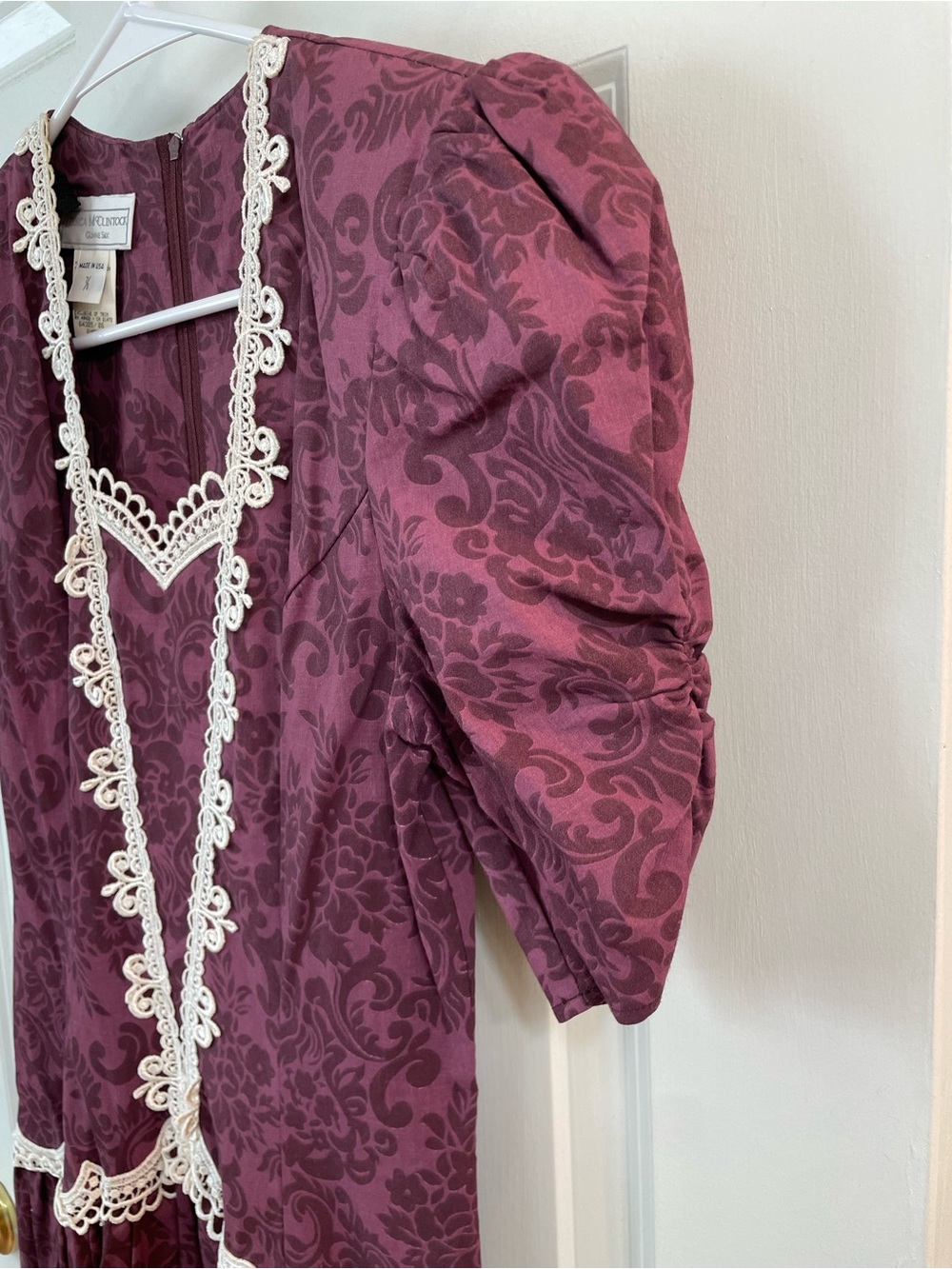 Vintage 80s Jessica McClintock Gunne Sax Cotton Prairie Dress 7/8 Burgundy Lace - Picture 14 of 15